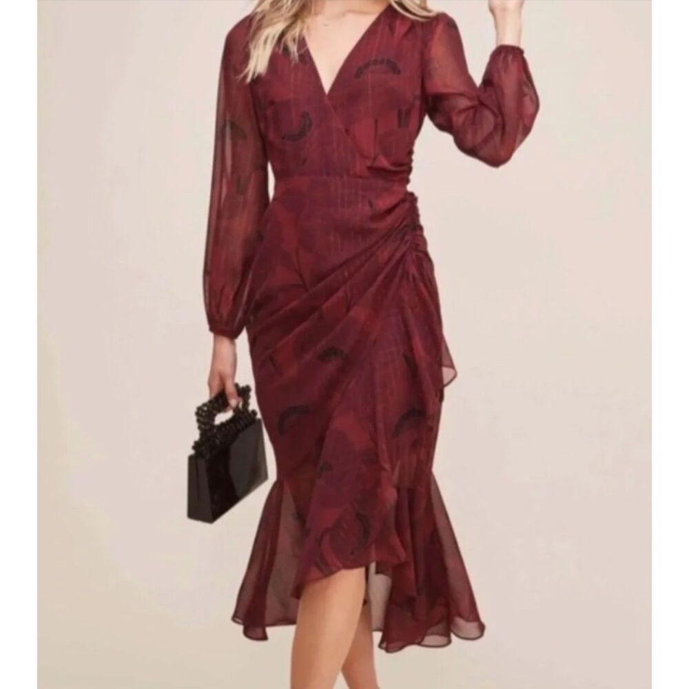 NWT! ASTR the label Burgundy and Blue Floral Wrap Midi Dress | SZ Small
